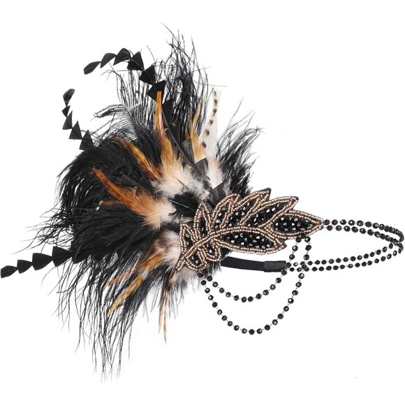 1920s Flapper Headpiece Beaded Feather Headband for Gatsby Art Deco Party - Picture 6 of 6